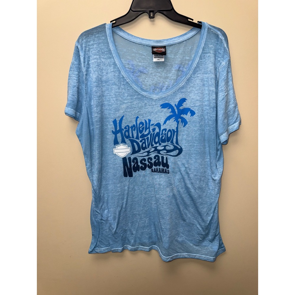 Harley Davidson Nassau Bahamas Blue Burnout Graphic V-Neck T-Shirt Womens 2XL